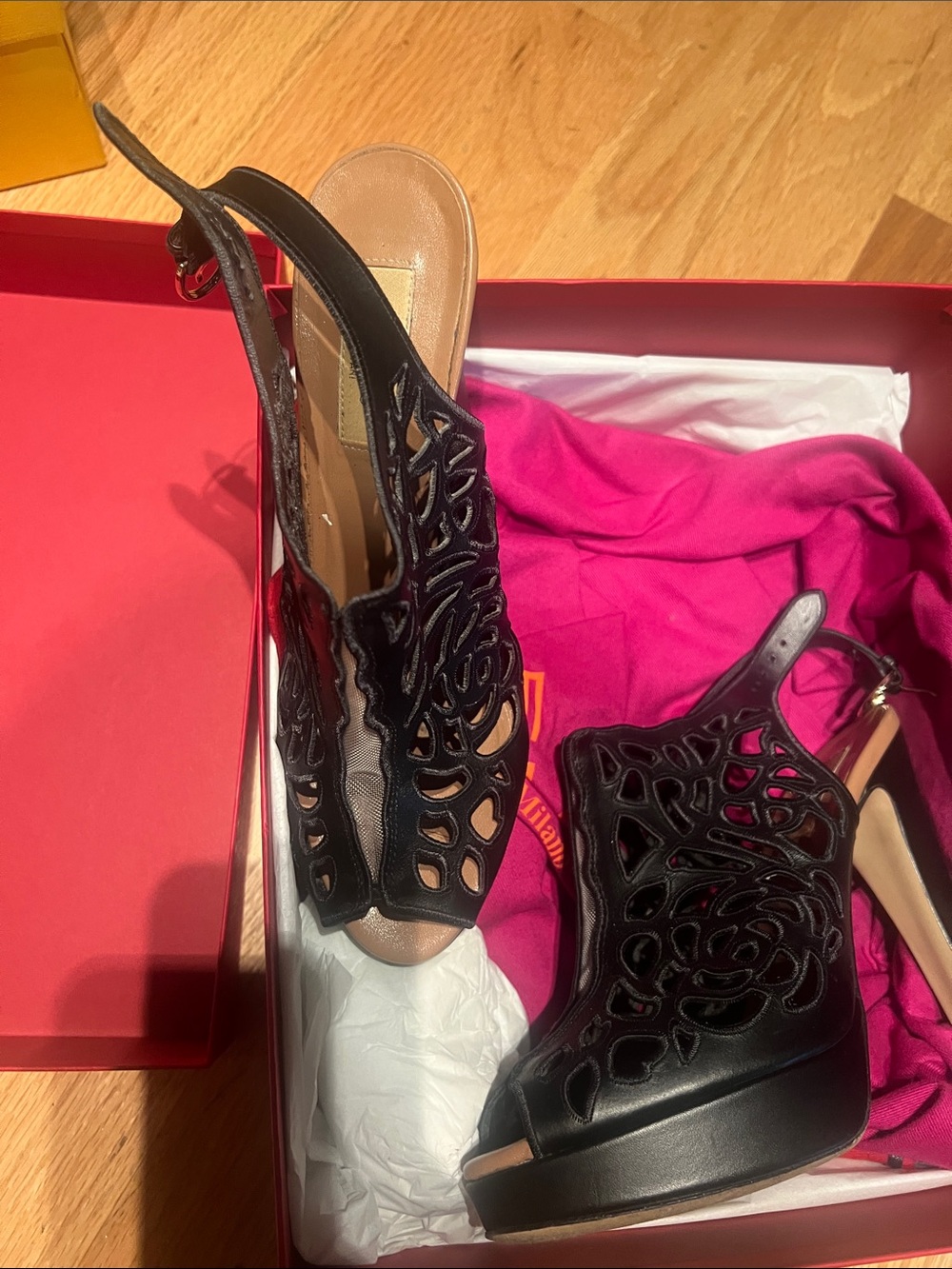 Valentino Garavani Black Laser-Cut Peep Toe Slingback Heels